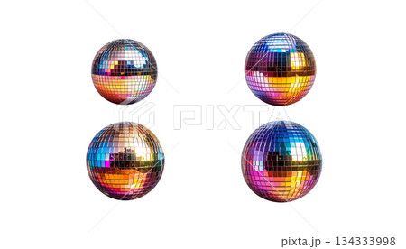 Illustration of glowing disco ball with reflection in mirror isolated on white background. 134333998