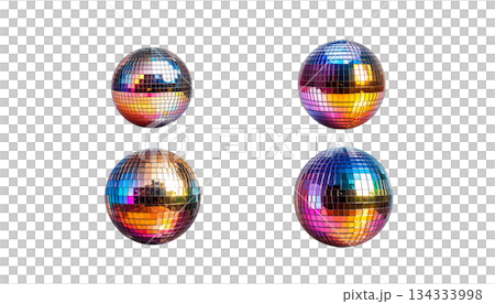 Illustration of glowing disco ball with reflection in mirror isolated on white background. 134333998