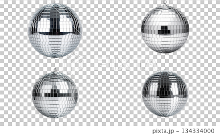 Illustration of glowing disco ball with reflection in mirror isolated on white background. 134334000