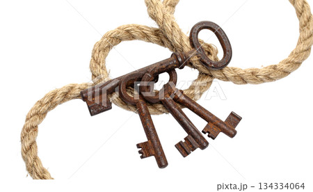 Old key chain on a ring, isolated on a white background. 134334064