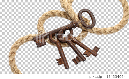 Old key chain on a ring, isolated on a white background. 134334064