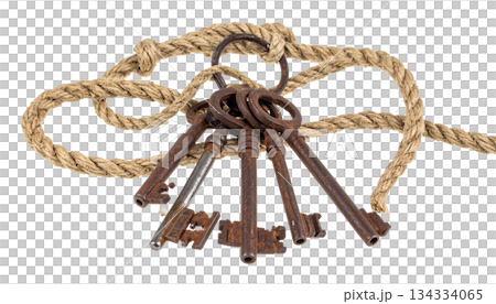 Old key chain on a ring, isolated on a white background. 134334065