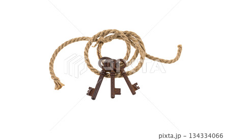 Old key chain on a ring, isolated on a white background. 134334066