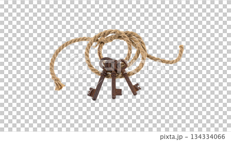Old key chain on a ring, isolated on a white background. 134334066