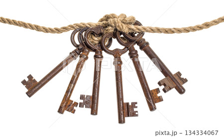 Old key chain on a ring, isolated on a white background. 134334067