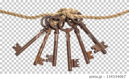 Old key chain on a ring, isolated on a white background. 134334067