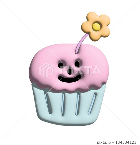 Inflated 3D of happy strawberry cupcake for sweet dessert, cafe, menu, restaurant, recipe, baking book, cute patch, brooch, sticker, print, cake shop, icon, department store, plush toy, doll, label 134334123