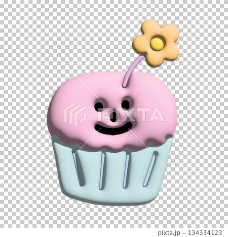 Inflated 3D of happy strawberry cupcake for sweet dessert, cafe, menu, restaurant, recipe, baking book, cute patch, brooch, sticker, print, cake shop, icon, department store, plush toy, doll, label 134334123