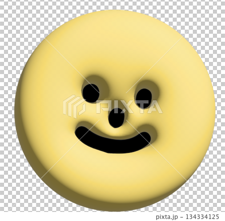 Illustration of inflated happy yellow face in 3D for stickers, model, merchandise, mood, feelings, expression, emoji, emoticon, decorations, shirt print, card, positive vibe, plush toy, kid doll, icon 134334125
