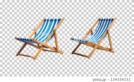Wooden chair with parasol for summer relaxation on the beach isolated on white background 134334151