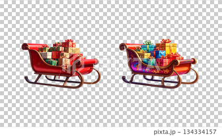 Red 3D Christmas sleigh with gifts isolated on white background. 134334157