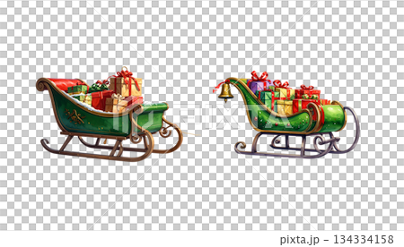 Red 3D Christmas sleigh with gifts isolated on white background. 134334158