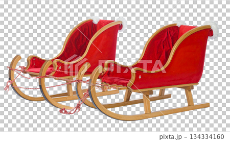 Red 3D Christmas sleigh with gifts isolated on white background. Red 3D Christmas sleigh with gifts isolated on white background. 134334160