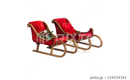 Red 3D Christmas sleigh with gifts isolated on white background. Red 3D Christmas sleigh with gifts isolated on white background. 134334161