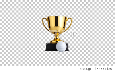 Shiny golden trophy for the winner of the competition, representing achievement, isolated on white background. 134334180