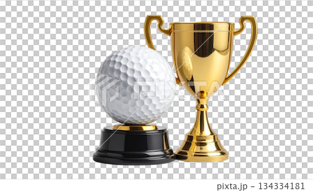 Shiny golden trophy for the winner of the competition, representing achievement, isolated on white background. 134334181