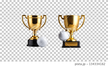 Shiny golden trophy for the winner of the competition, representing achievement, isolated on white background. 134334182