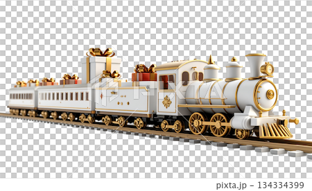 A vintage steam locomotive on railway tracks at a train station 134334399