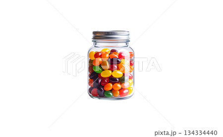 Colorful jelly beans and candies isolated on white background. Red, green, blue, yellow and orange candies. 134334440