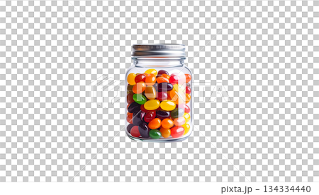 Colorful jelly beans and candies isolated on white background. Red, green, blue, yellow and orange candies. 134334440