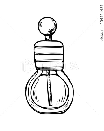 Aroma diffuser closed wood cap line art black ink sketch. Glass vial with essential oil or liquid perfume vector isolated illustration. Medical flask for home decor, pharmaceuticals, cosmetic Aroma diffuser closed wood cap line art black ink sketch. Glass vial with essential oil or liquid perfume vector isolated illustration. Medical flask for home decor, pharmaceuticals, cosmetic 134334483
