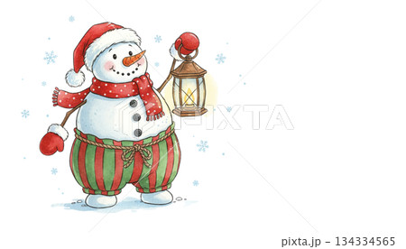 Illustration of a cute cartoon snowman wearing a hat, scarf and broom on a white background. 134334565
