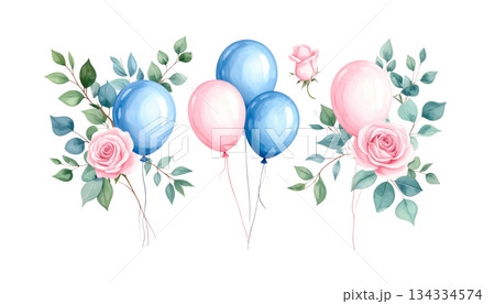 Bright blue watercolor balloons isolated on white background. 134334574