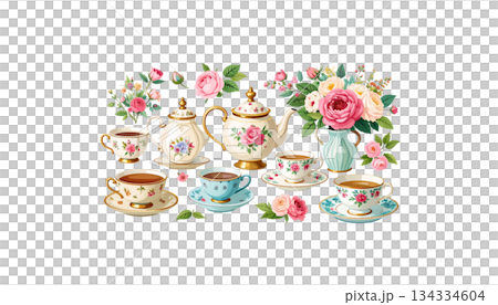 Colorful ceramic teapot and saucer set for hot drinks on white background Colorful ceramic teapot and saucer set for hot drinks on white background 134334604