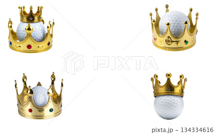 Three white golf balls on a tee with blurred green grass background. On white background. 134334616