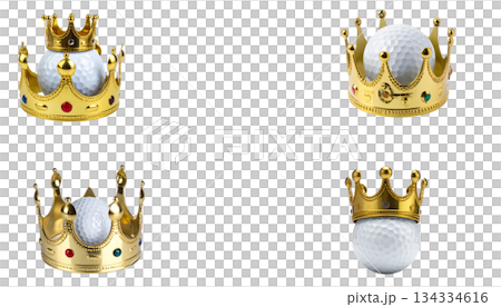 Three white golf balls on a tee with blurred green grass background. On white background. 134334616