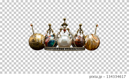 Colorful golden crown and 3D glass ball decoration on white background. 134334617