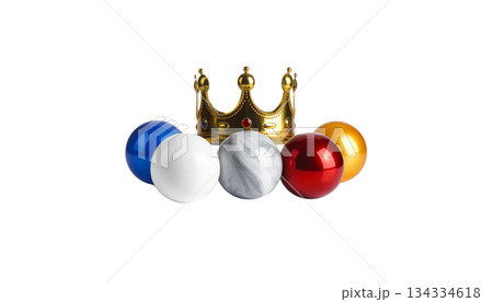 Colorful golden crown and 3D glass ball decoration on white background. 134334618