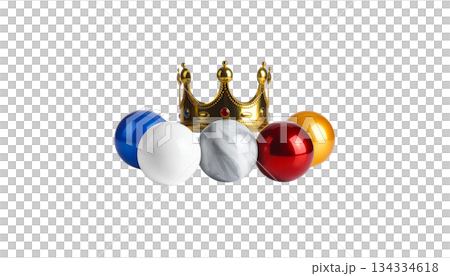Colorful golden crown and 3D glass ball decoration on white background. 134334618