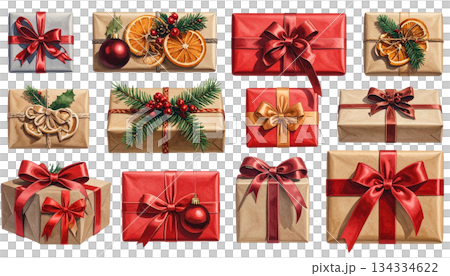 Bright red Christmas gift box with gold bow and ribbon on white background 134334622
