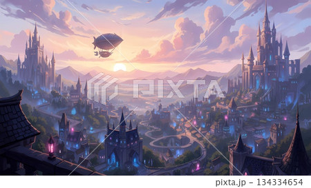 ゲーム背景　スチームパンク都市の上を飛ぶ飛空艇とマジックタイムの空 134334654