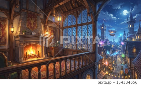 ゲーム背景　夜の暖炉のあるベランダテラスのお城宮殿 134334656