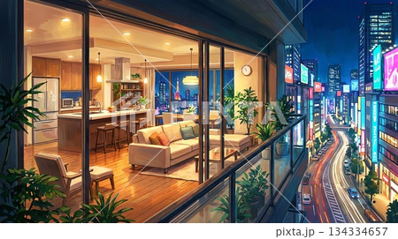 ゲーム背景　現代都会のタワーマンションホテルと夜景の大通り 134334657