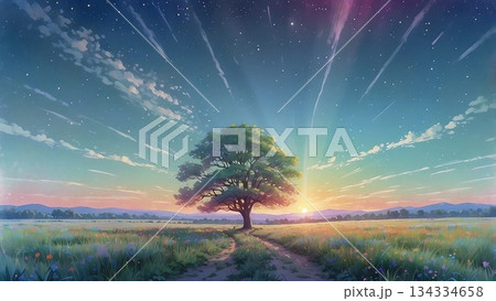 ゲーム背景　輝く朝日の草原と一本の木のシルエット 134334658