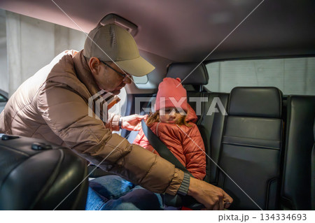 Man fastening seatbelt for daughter in the back seat of a car. Safety measures and responsible parenting. Man fastening seatbelt for daughter in the back seat of a car. Safety measures and responsible parenting. 134334693