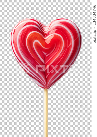 Heart-shaped lollipop with red and white candy swirls, isolated on transparent background. Perfect for valentine's day, sweet treats, or love themes 134334746