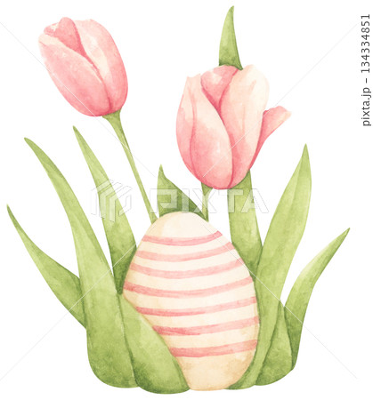 Watercolor easter grass with painted easter egg, spring garden farm style, floral decoration, cute holiday illustration, happy easter celebration, bunny hunt scene. Watercolor easter grass with painted easter egg, spring garden farm style, floral decoration, cute holiday illustration, happy easter celebration, bunny hunt scene. 134334851