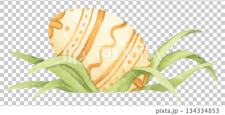 Watercolor easter grass with painted easter egg, spring garden farm style, floral decoration, cute holiday illustration, happy easter celebration, bunny hunt scene. 134334853