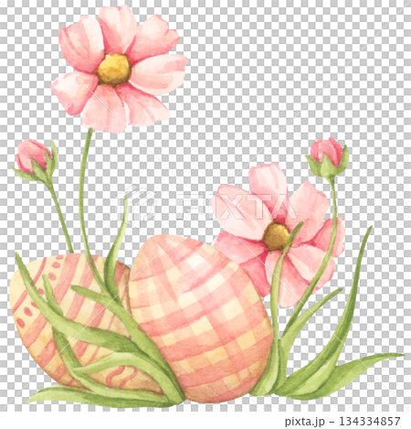 Watercolor easter grass with painted easter egg, spring garden farm style, floral decoration, cute holiday illustration, happy easter celebration, bunny hunt scene. Watercolor easter grass with painted easter egg, spring garden farm style, floral decoration, cute holiday illustration, happy easter celebration, bunny hunt scene. 134334857