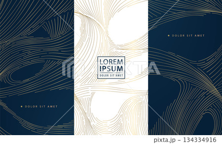 Luxury wave pattern, elegant gold lines, art deco elements. Vector premium abstract background, Japanese flowing water textures. Wine labels, chocolate packaging, gift boxes, menu. 134334916