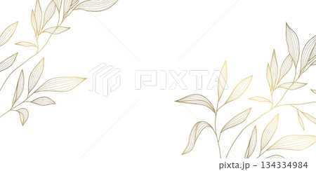 Elegant floral vector background, golden line art leaves, palm branches, delicate botanical patterns, nature, Japanese design. Luxury spa cards, summer wallpapers, wedding templates 134334984