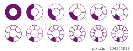 Wheel round purple divided diagrams with one, two, three, four, five, six, seven, eight, nine, ten, eleven, twelve segments. Circle division on 1, 2, 3, 4, 5, 6, 7, 8, 9, 10, 11,12 equal parts 134335058