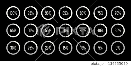 Progress bars in color of the year 2026. Template of white and gray color fill pie charts indicator. Circle diagrams icons for infographics from 0 to 100 percent. Round graph loading progress set 134335059
