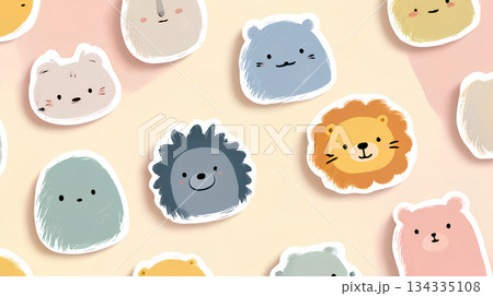 ゆるかわいい動物のステッカー風イラスト｜手描きアニマル素材 134335108