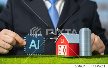 Implementation of AI technologies in farming. Smart agriculture, precision farming and digital transformation of agro-industry. Automation improves yields, efficiency and sustainable food production. 134335241