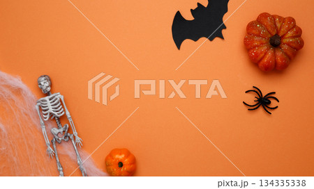 Spooky festive atmosphere. Halloween decoration pumpkins bats ghosts Spooky festive atmosphere. Halloween decoration pumpkins bats ghosts 134335338